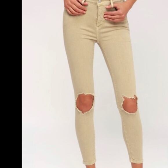 Free People High Rise Busted Knee Khaki Distressed Skinny Jean, Sz 28 -- NWT - Picture 1 of 11